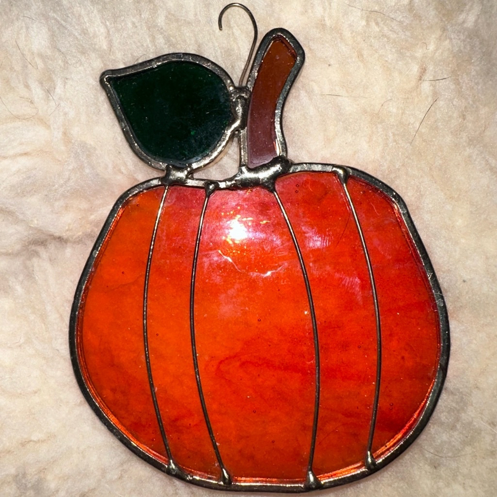 Handmade Real Glass Stained Glass Orange Pumpkin Ornament Suncatcher
